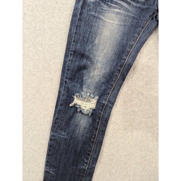 Machine Nouvelle Mode Jeans Womens SZ 30 Blue Destressed Whiskers Tapered Faded - Picture 3 of 16